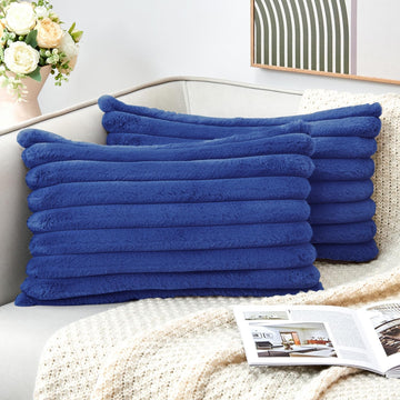 Throw Pillow Covers Decorative Faux Fur Set of 2 12x20 Inch Pillow Covers, Soft Navy Blue Lumbar Plush Striped