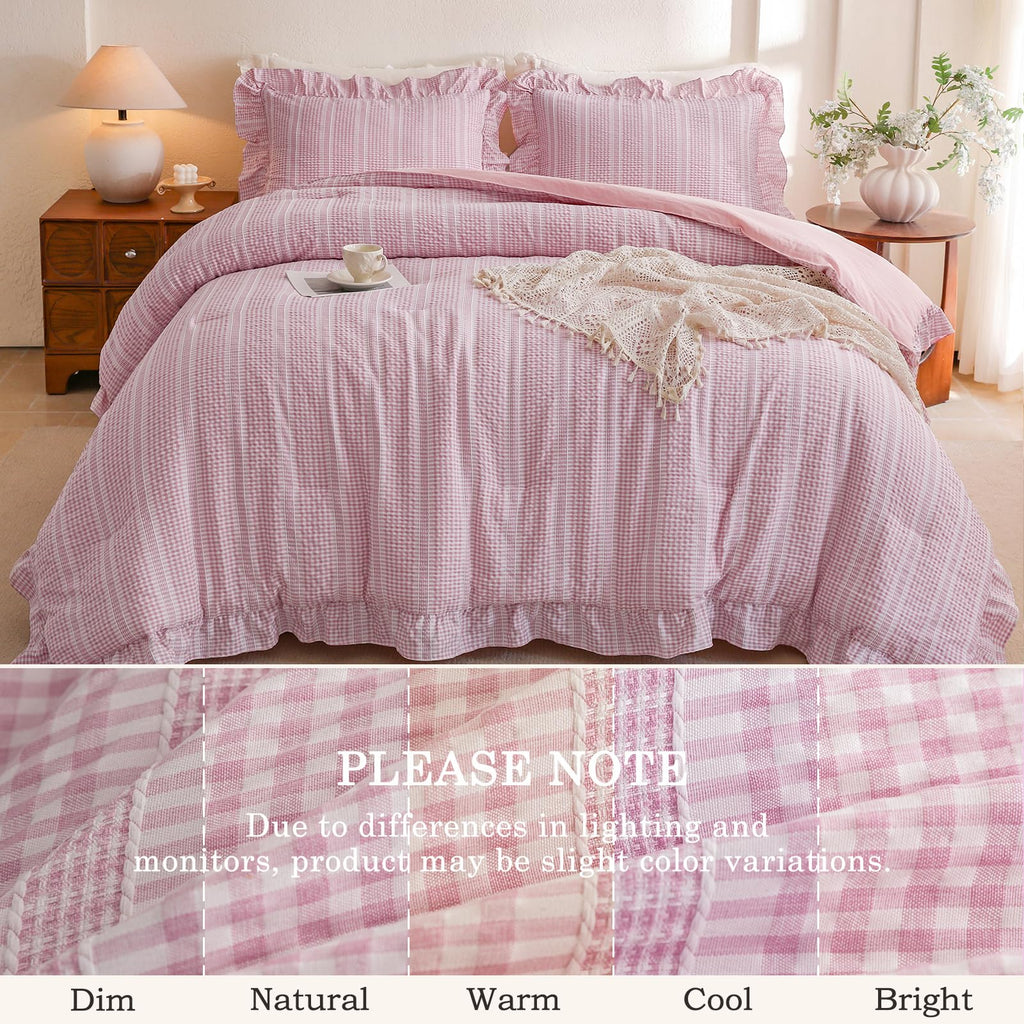 Gingham Comforter Set Pink Seersucker Ruffle Bedding Set