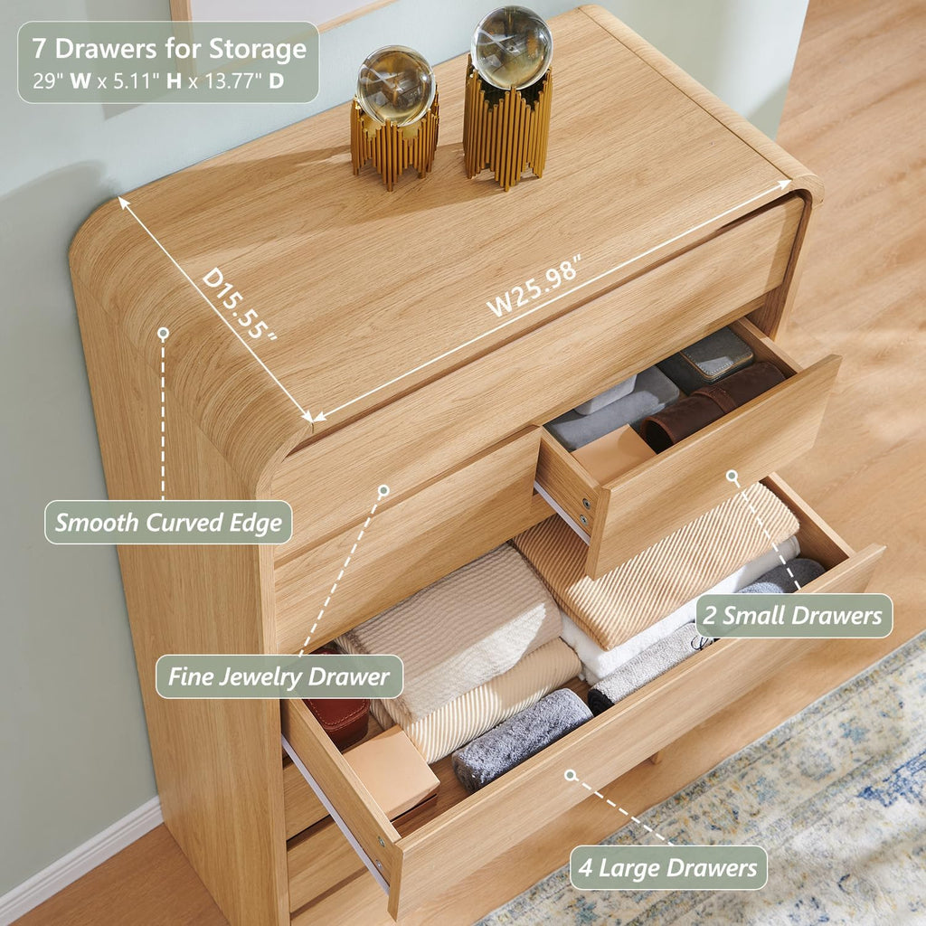 Modern 7 Drawers Dresser , 55" Tall Dressers & Chest of Drawers w/Curved Profile Design, Wood Mid Century Vertical