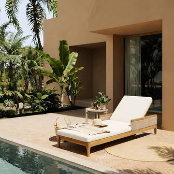 Outdoor Acacia Wood Lounge Chair with Adjustable Backrest, Patio Chaise Lounge with Cushions and Light Grey Wicker