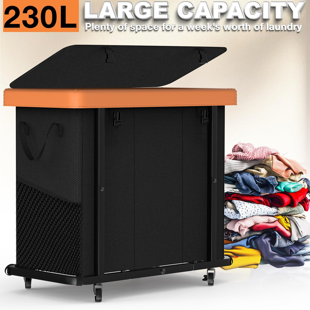 Basket with Wheels, 230L Leather Patchwork Laundry Sorter 3 Section