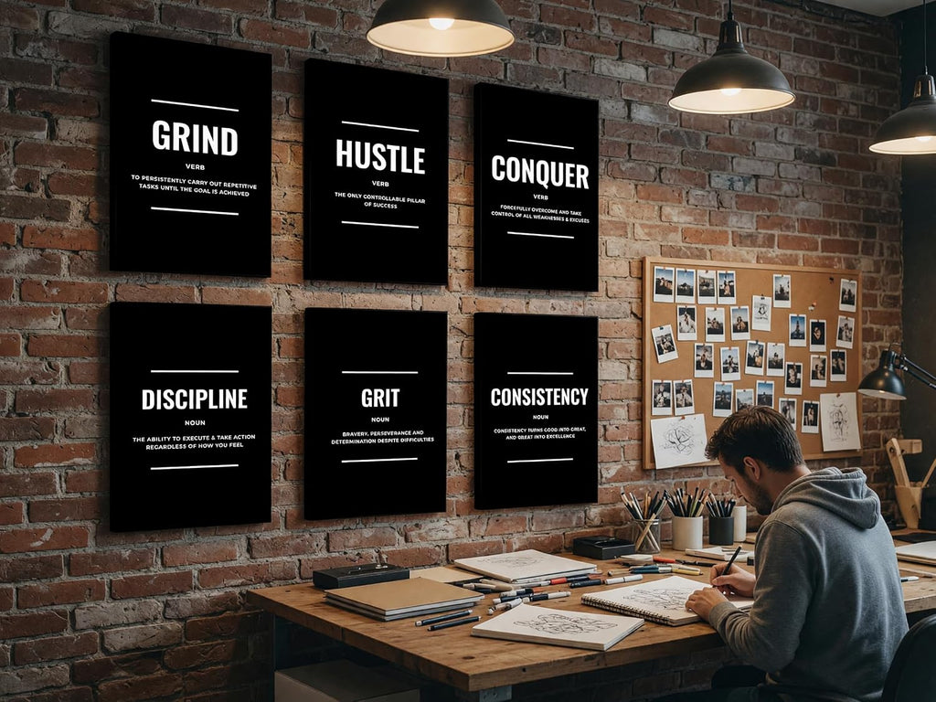 Black and White Motivational Canvas Wall Art Set of 6 - Framed Gallery-Wrapped Prints for Men, Office, Bedroom &