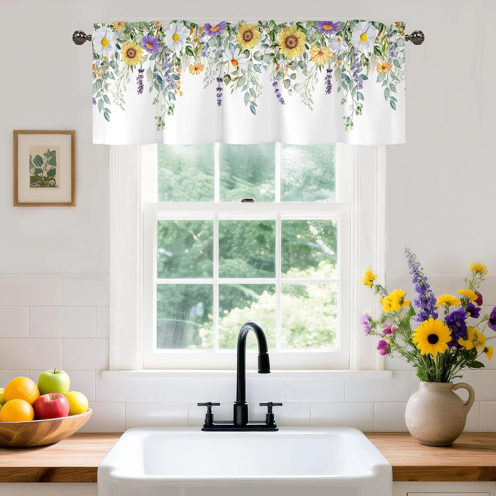 Spring Wildflower Flower Valance for Windows,Window Treatment Curtains Rod Pocket Sheer Small Short Valance