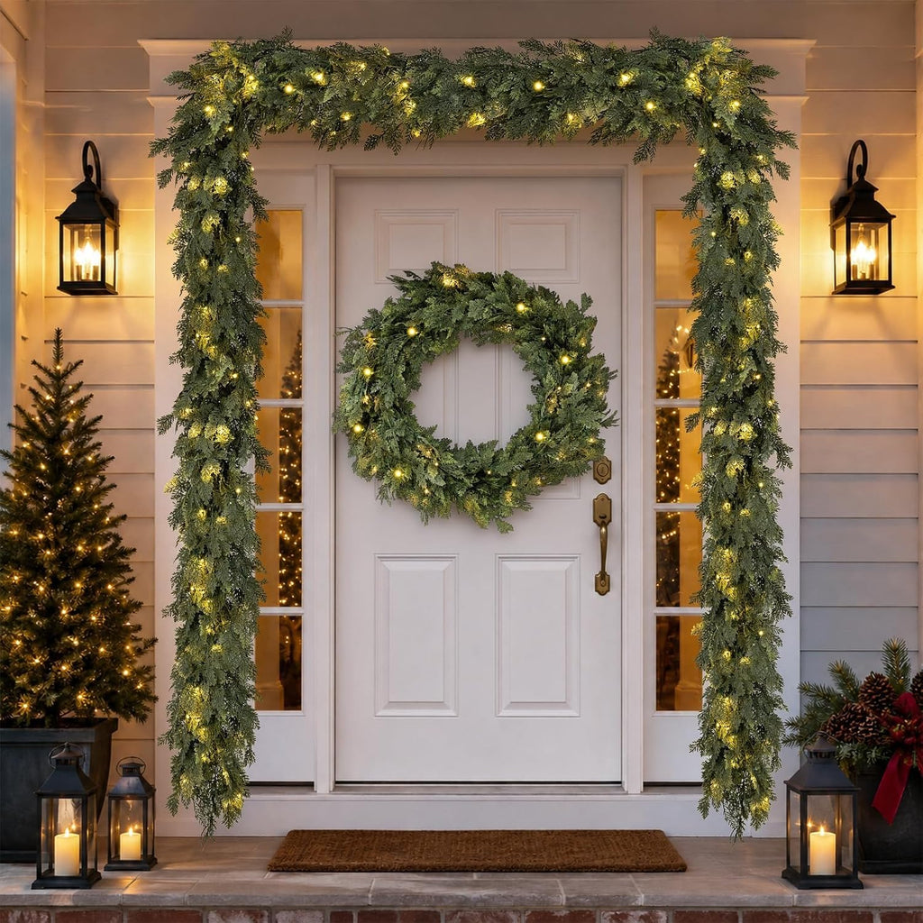 Pre-Lit Christmas Garland 9FT Decorations Real Touch Cedar Cypress Pine Greenery Artificial Green Christmas Garland - Set of 9