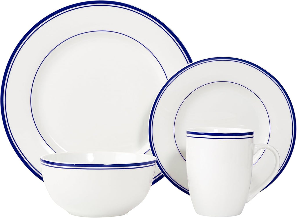 16-Piece Cafe Stripe Dinnerware Set, Microwave and Dishwasher Safe, Plates, Bowls, Mugs, Service for 4, Blue