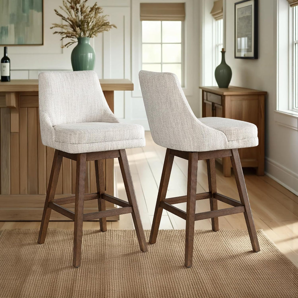 Branson Brown Solid Wood Upholstered 30" Bar Height Swivel Barstool with Beige Fabric Seat - Set of 2