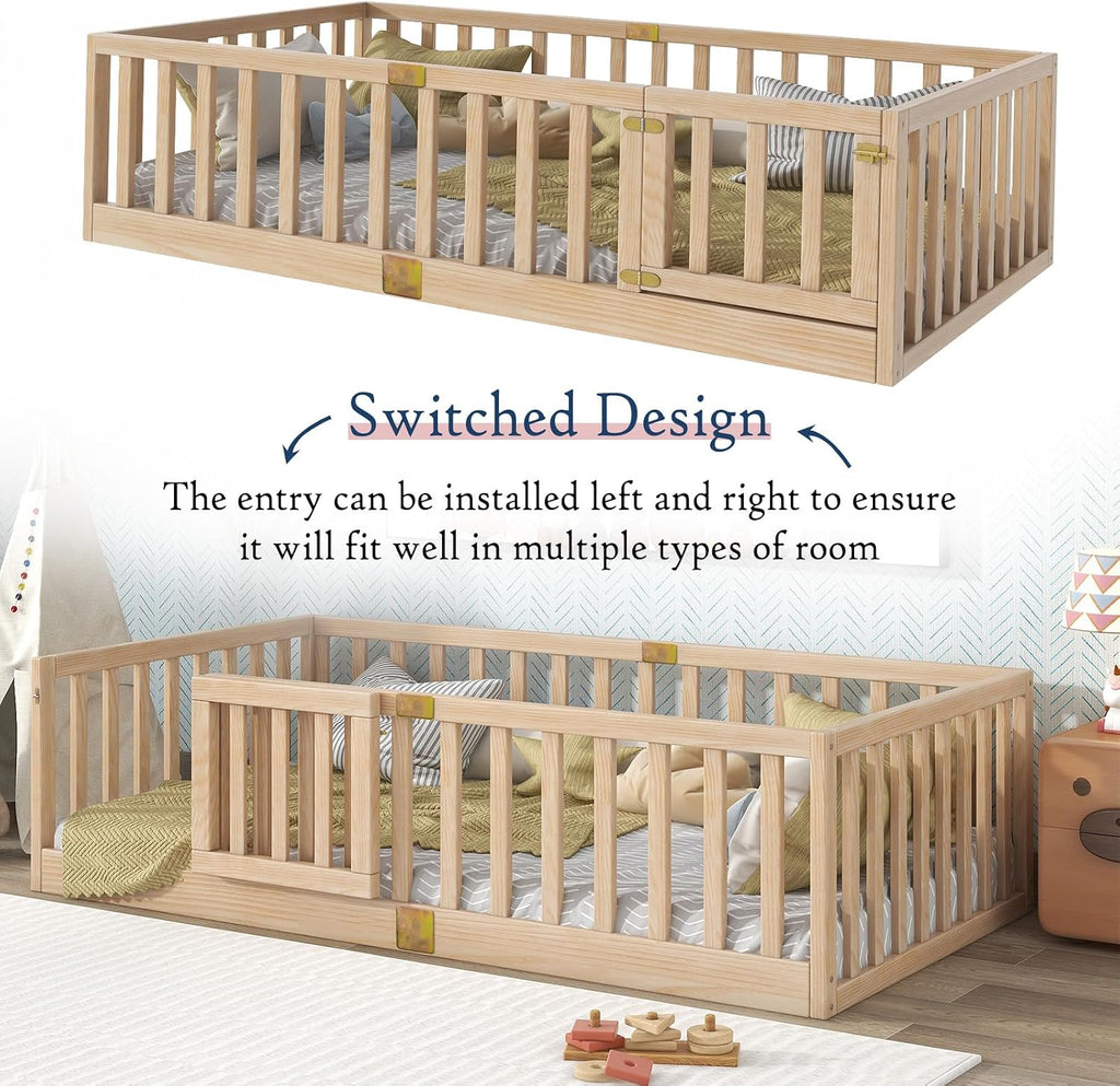Twin Montessori Floor Bed with High Rails, Solid Wood Montessori Bed Frame for Kids, Door Can Install Left and Right