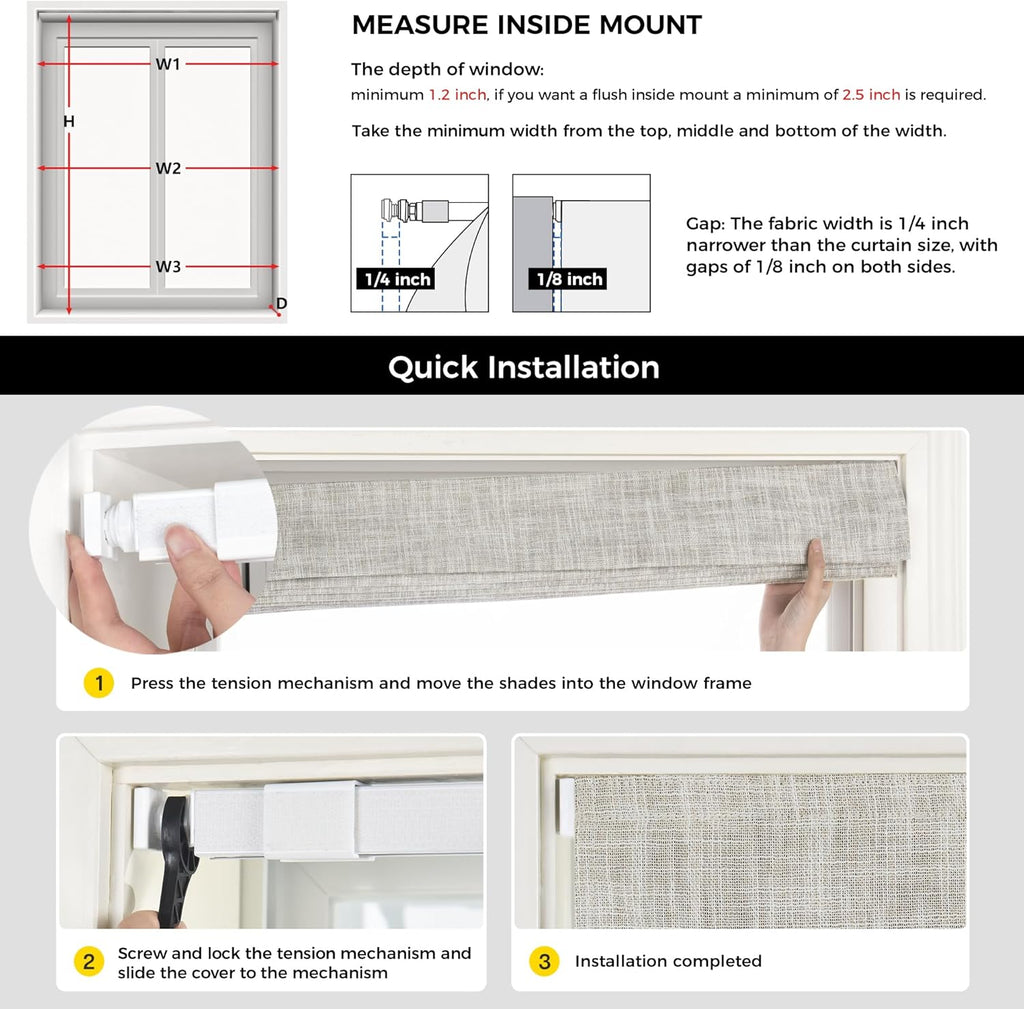 No Drill Cordless Roman Shades for Windows, - 100% Blackout - Linen - Mist White