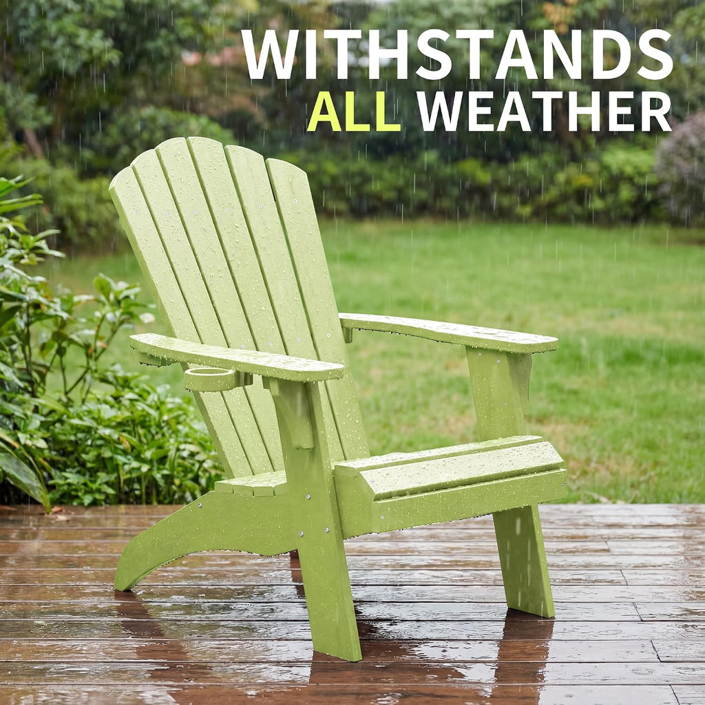 Adirondack Chairs with Cup Holder (1, Green) | Poly Lumber Patio Chairs, Blue 350Lbs Support, All Weather Patio