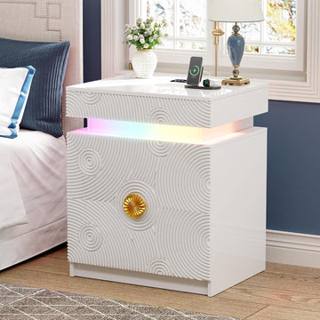 LED Nightstand with RGB Light and Lockable Hidden Drawer ,White | Night Stand with 2 Drawer, Smart Bedside Table with