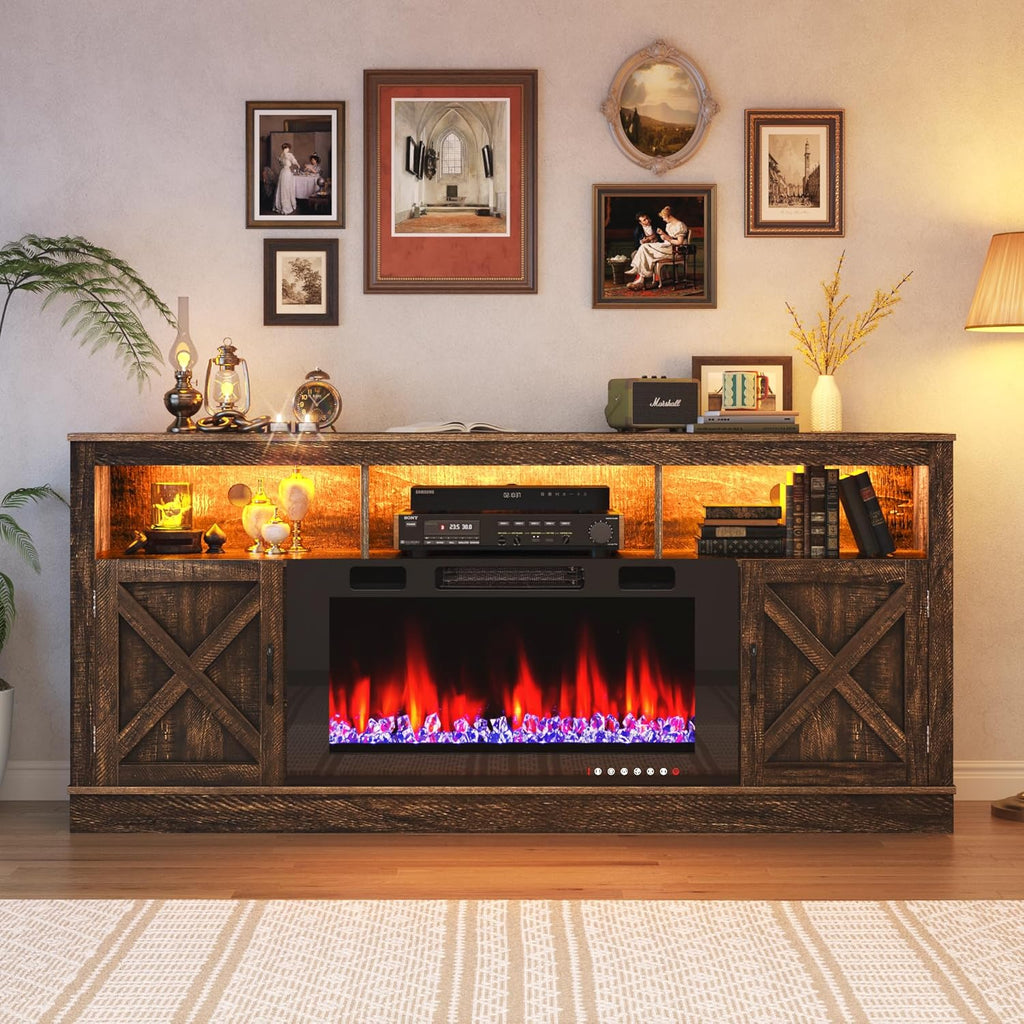 Farmhouse TV Stand with 36 Inch Fireplace for TVs up to 80 Inches, 70 Inch Fireplace Entertainment Center with Barn Doors and LED Lights, Brown