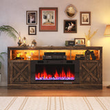 Farmhouse TV Stand with 36 Inch Fireplace for TVs up to 80 Inches, 70 Inch Fireplace Entertainment Center with Barn Doors and LED Lights, Brown