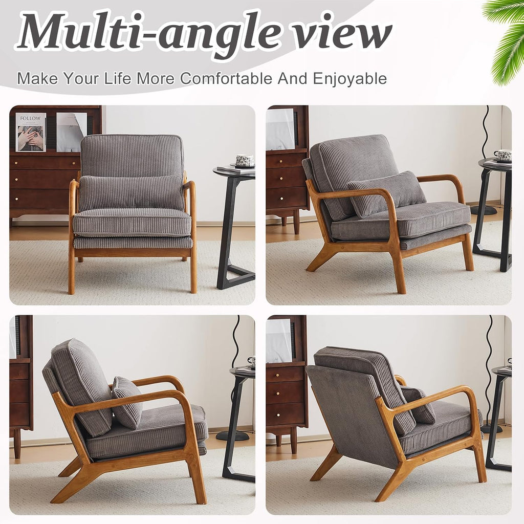 Upgraded Premium Corduroy Accent Chair,Upholstered Arm Chair,Solid Wood Comfy Reading Chair with Lumbar Pillow, Mid