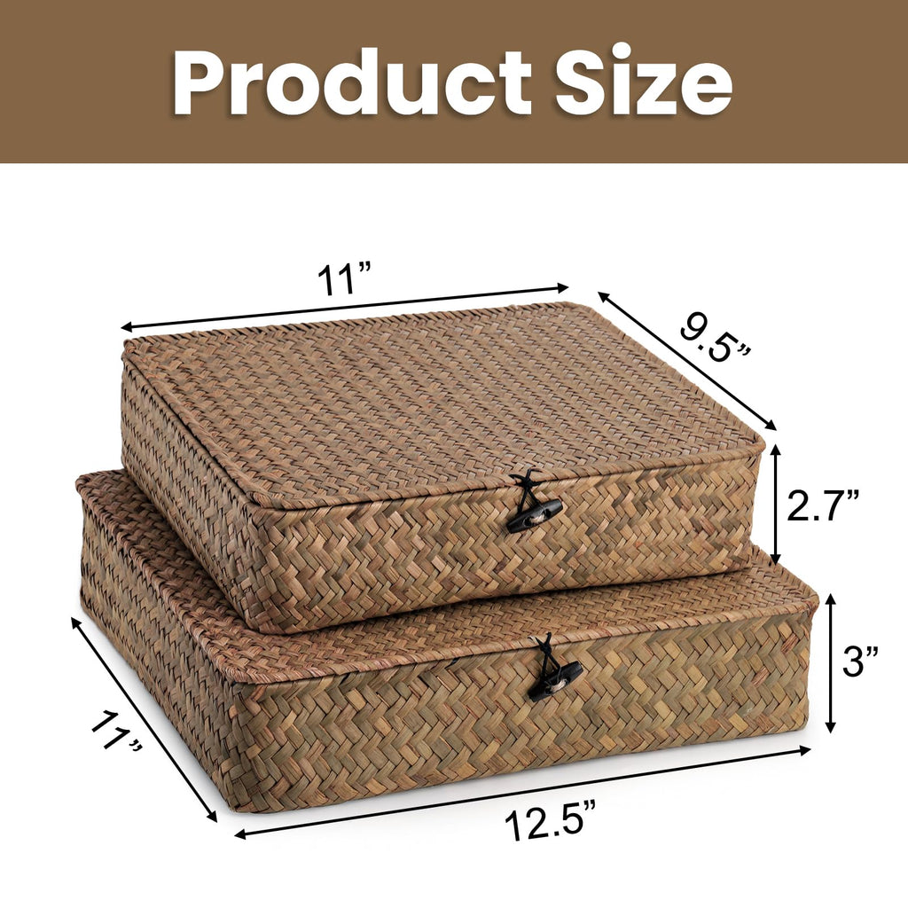 2 Pack Flat Wicker Woven Storage Bins with Lid and Wood Toggle, Natural Handmade Seagrass Basket Set, Rattan