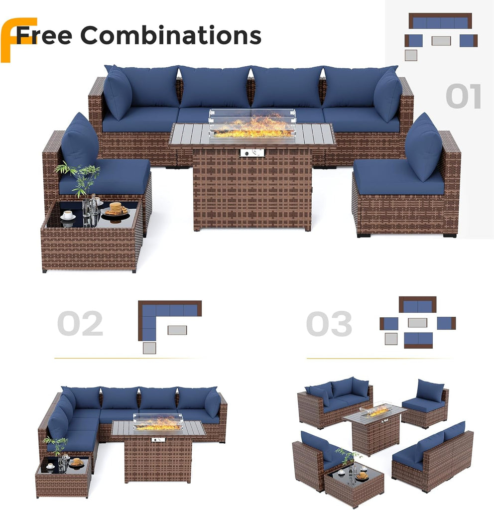 Furniture Set with Fire Pit Table, 8 Piece Sectional Sofas, All-Weather Wicker Conversation for Garden