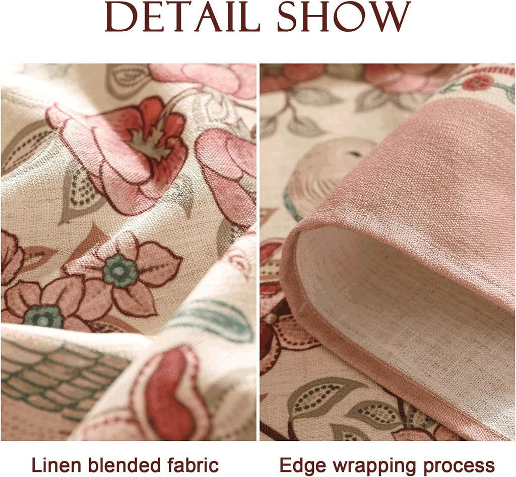 Designer Pink Linen Table Cloth for Rectangle Table,Vintage Floral with Birds Pattern Decorative Tab