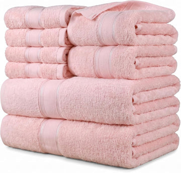 100% Turkish Combed Cotton Bath Towel Set, Blush Pink, 8-Piece | Plush thick, non-fading, 2 Bathroom Towels, 2 Hand