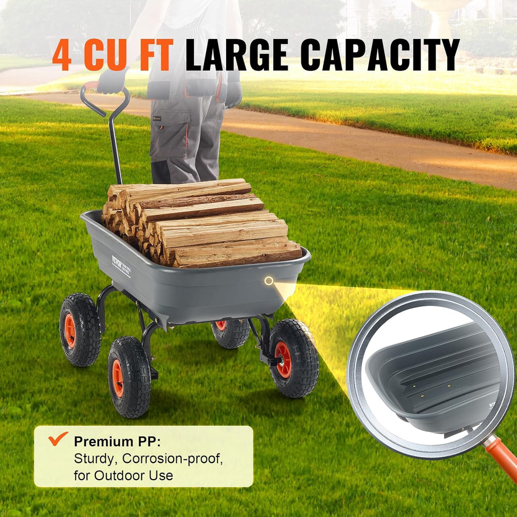 Poly Garden Dump Cart 4 Cu.Ft. 600 lbs 4 Wheel Wheelbarrow Dump Wagon | For Orchard Farm, Adjustable Handle, Heavy