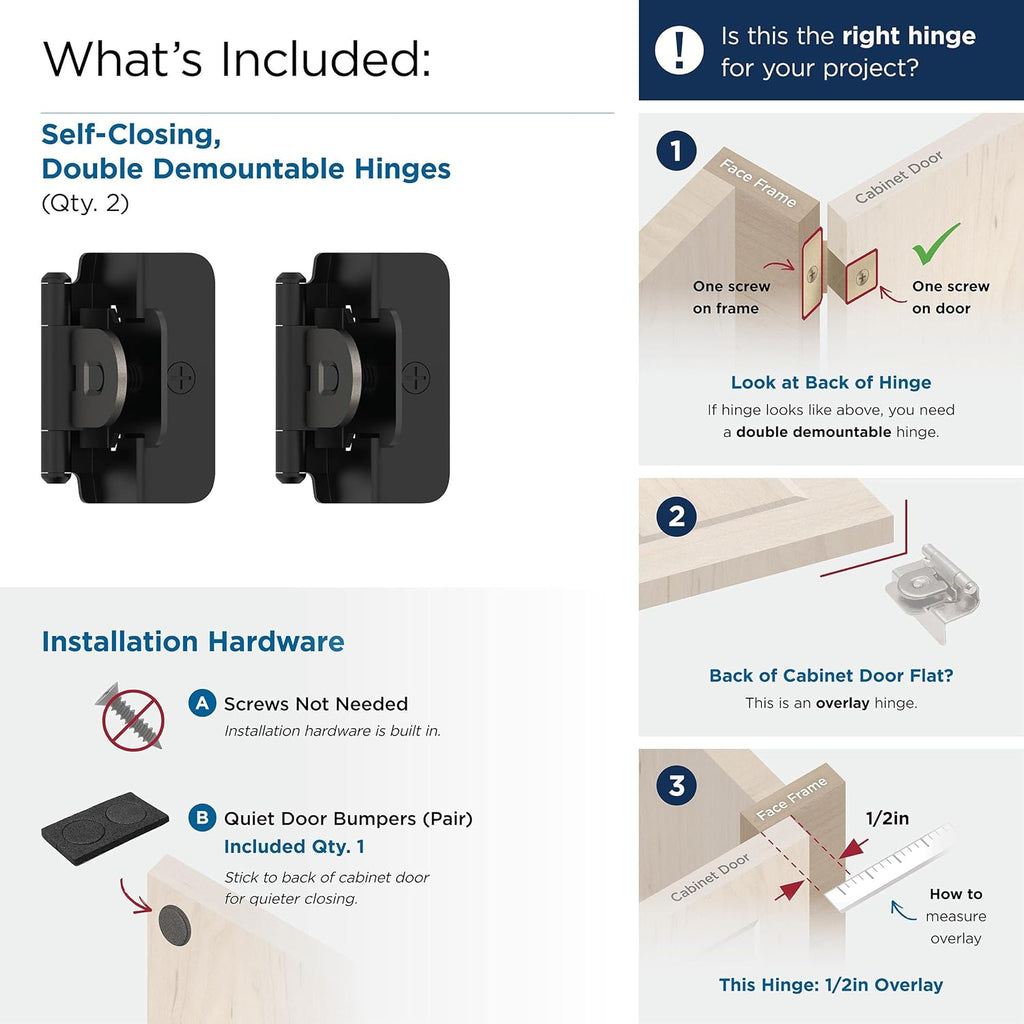 BPR8704FB | Cabinet Hinge | 1/2 inch (13 mm) Overlay Double Demountable | Matte Black | Kitchen Cabinet Door Hinge | 1