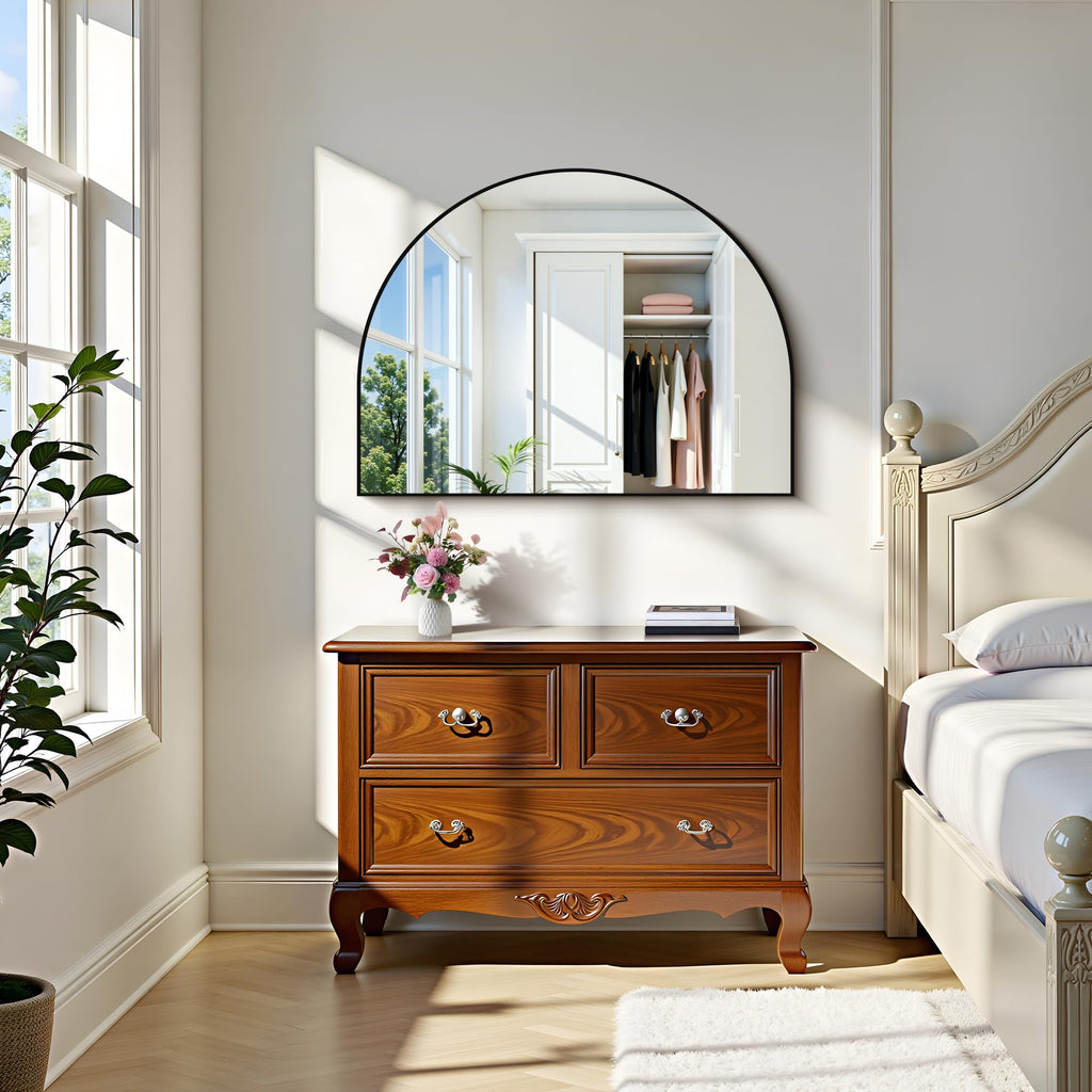 Arched Wall Mirror 40"x30", Black Arched Mirror &Mantel