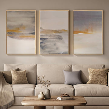 Framed Large Neutral Abstract Wall Art, Set of 3 Canvas Modern Prints Paintings, Minimalist Landscape Beige Gray