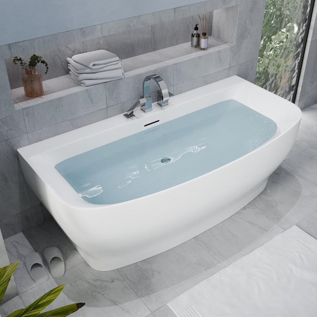 Flat Bottom Freestanding Soaking Bathtub Fiberglass Reinforced Acrylic 65 x 31 Inch Glossy White