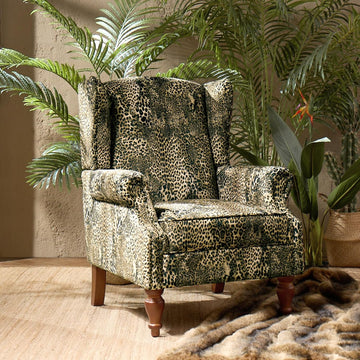 Wingback Accent Chair with Leopard Print Fabric, Retro Armchair with Nailhead Trim and Solid Wood Legs, Comfortable