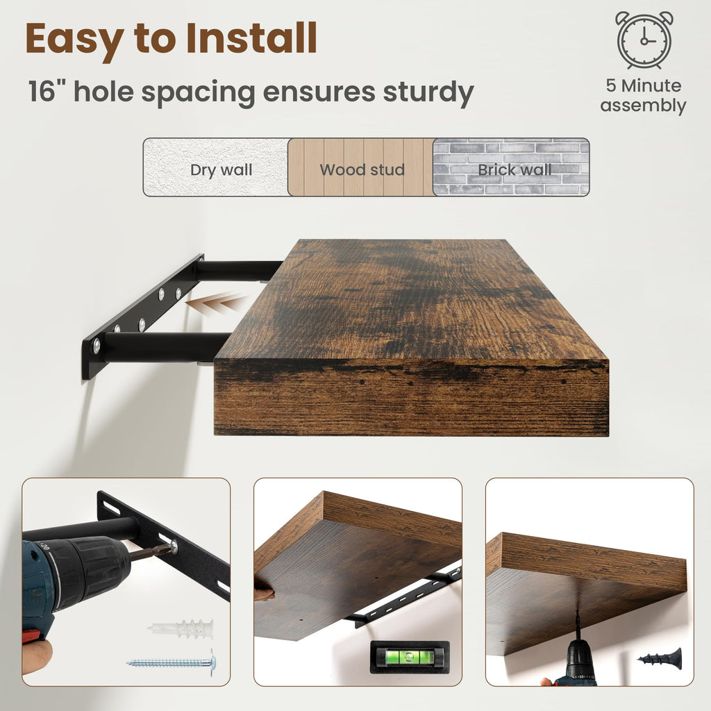 8Inch Square Floating shelves for Wall, 8In Deep, Invisible Brackets, Brown