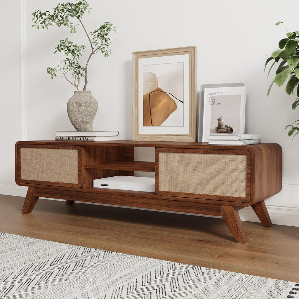 Mid Century Modern TV Stand for TVs up to 65'', Farmhouse Entertainment Center with Storage, TV Cabinet Table with Nature Linen Doors, Media Console TV Consoles for Living Room Bedroom (Walnut)