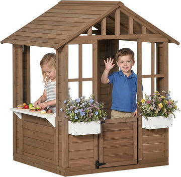 Outdoor Playhouse Wooden Kids Playhouse with Working Door Brown | Windows, Kids Cottage, Flowers Pot Holder, Backyard