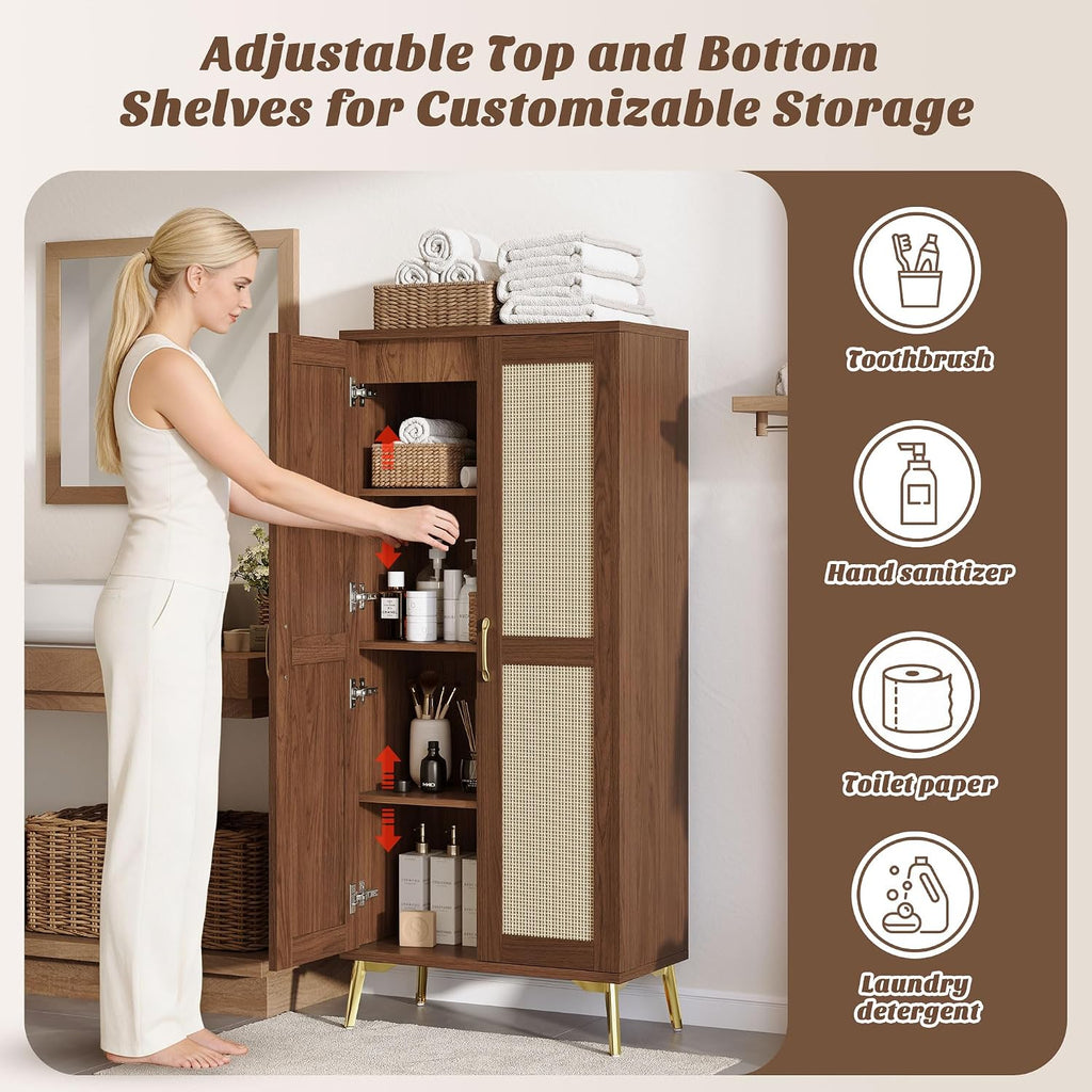 Tall Bathroom Storage Cabinet 57" Rattan Pantry Cabinet, Walnut | With Doors and Adjustable Shelves, Freestanding