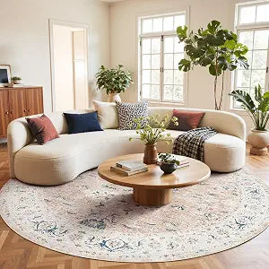 Vintage Floral Round Rug, 8ft Pink Blush, Washable Non Slip