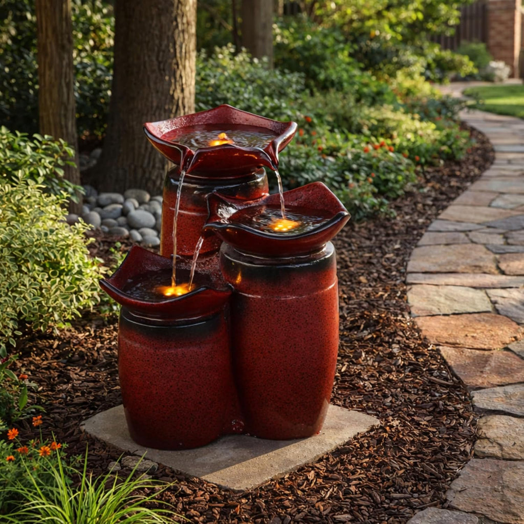 3 Tiered Floor Water Glazed Pots Fountain with LED Lights and Pump Patio Garden Backyard Decking Décor, 20 inch