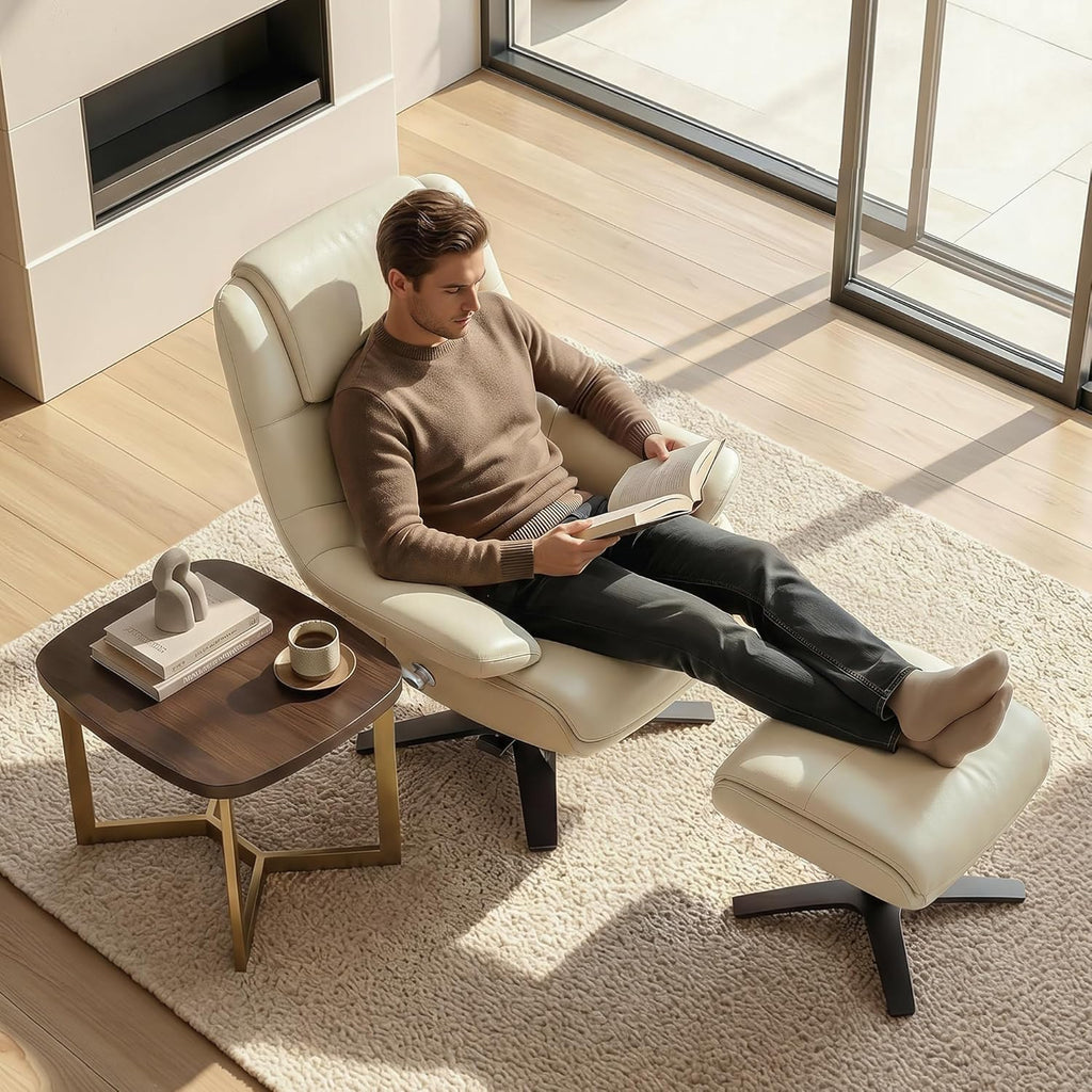 Modern Reclining Swivel Lounge Chair and Ottoman — White Genuine Leather