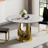 Luxury Marble Round Dining Table for 4-6, White Gold 45" Faux Marble Kitchen Table with Mirrored Stainless Steel