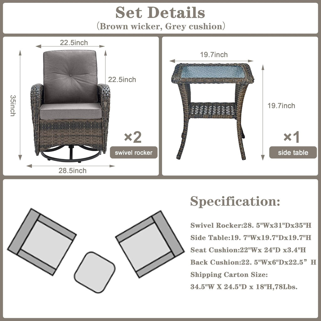 Patio Wicker Chairs Swivel Rocker - Outdoor Swivel Rocking Chairs Set of 2 with Rattan Side Table, Patio Swivel