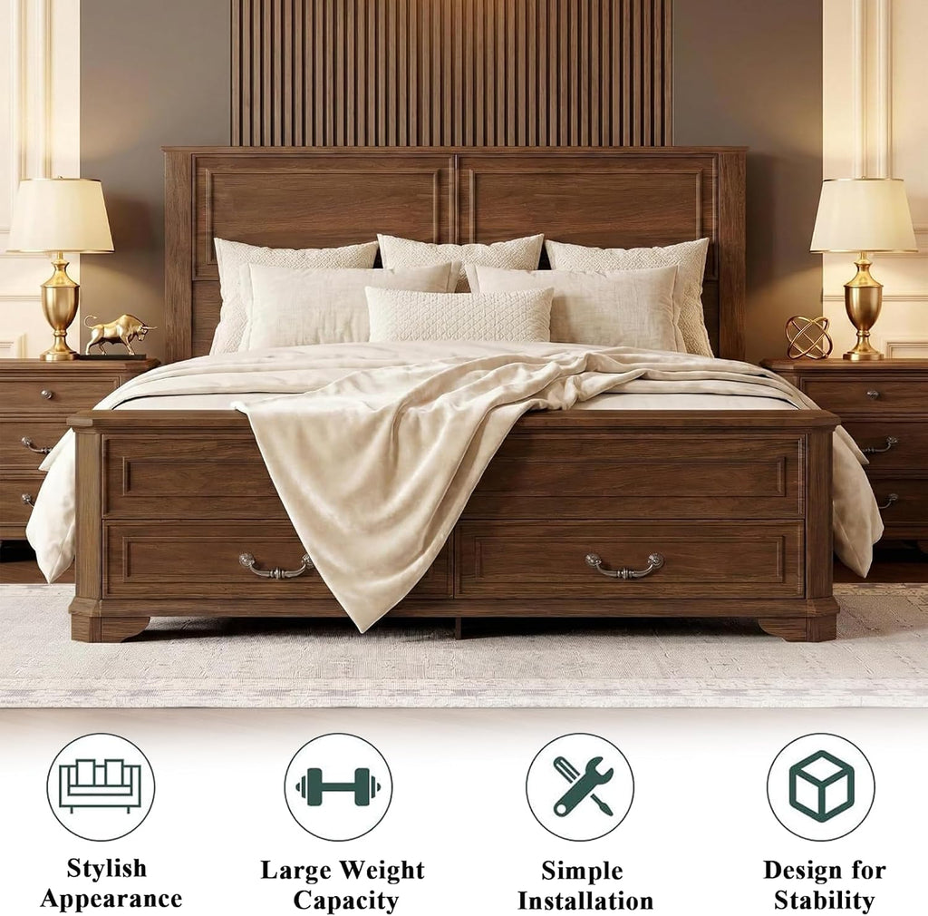 Farmhouse Queen Bed Frame with Tall Headboard, Rustic Solid Wood Platform Bed Queen with Storage Bench and 2 Large