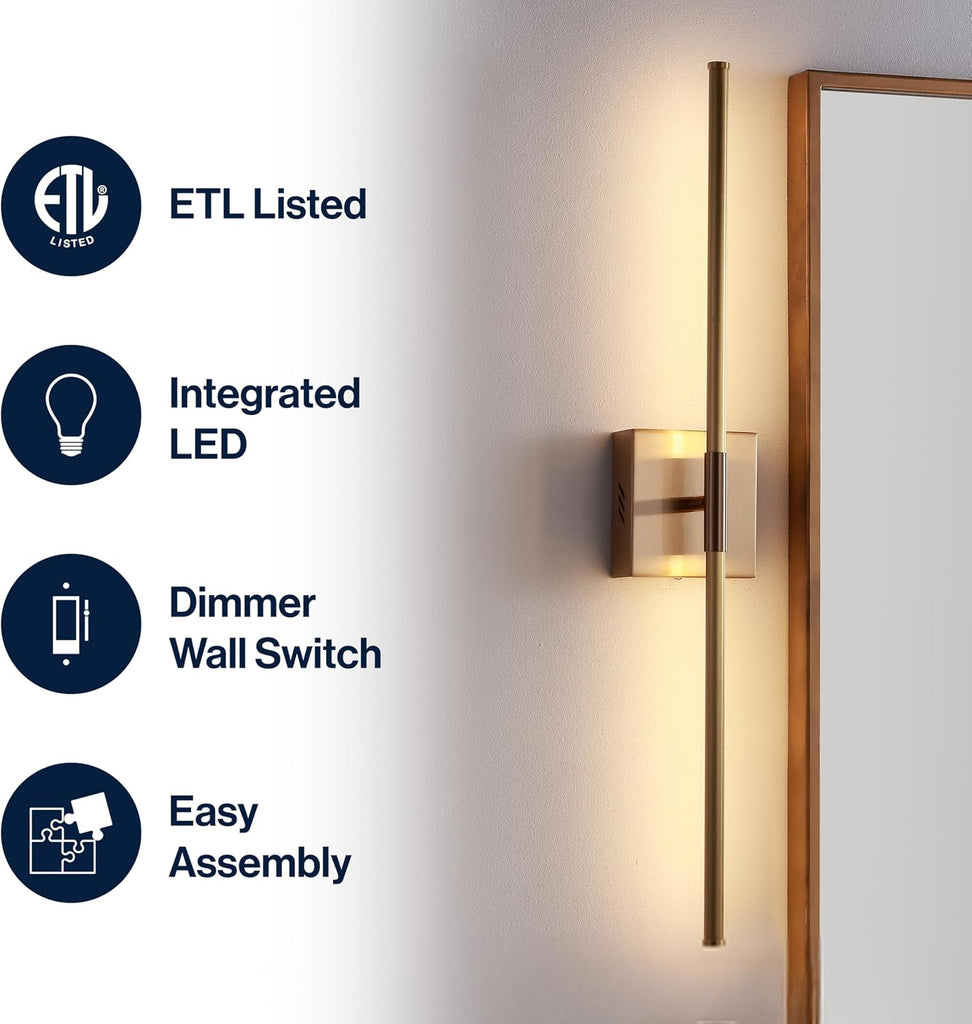 Makena 28" 1-Light LED Wall Sconce, Brass Gold | Dimmable, Modern, Integrated 12W, Hardwired, Sleek Metal, Ambient