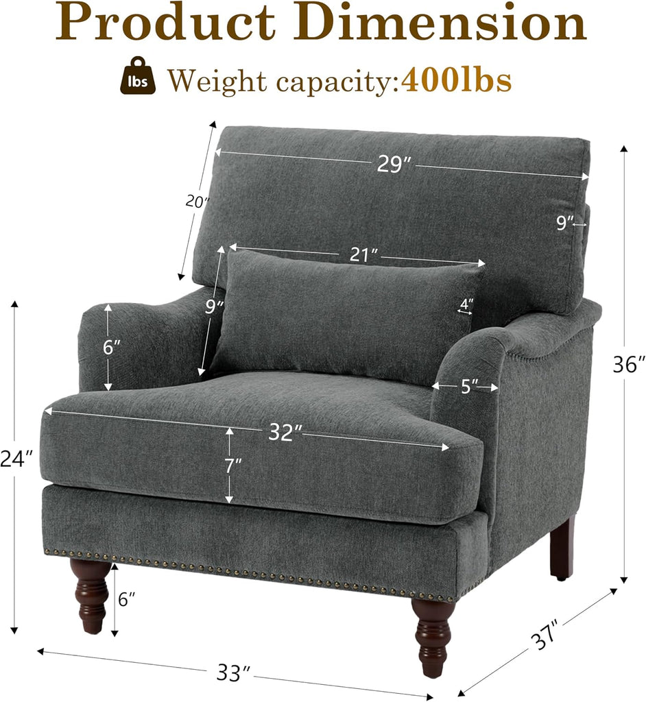 Accent Chair , Upholstered Armchair with Nailhead Trim & Solid Wood Legs, Mid Century Modern Chenille Club Chair
