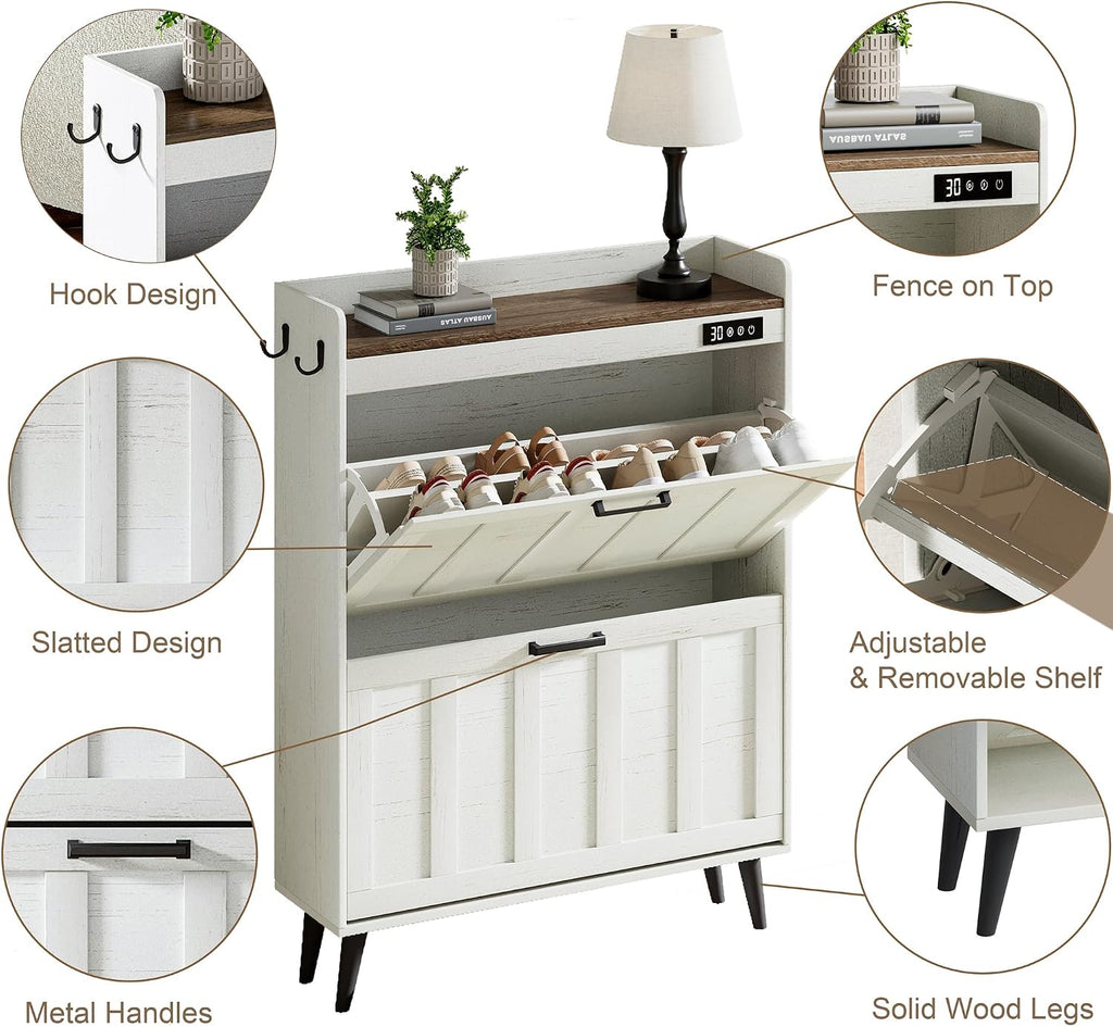 Shoe Storage Cabinet with 2 Flip Drawers, Deodorizing Shoe Organizer Storage , Freestanding Hidden Slim Narrow Shoe