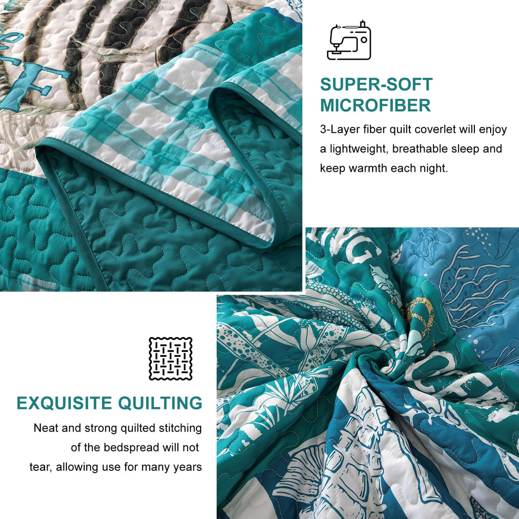 Beach Quilt Set 3 Piece, Summer Coastal Bedspread Coverlet Lightweight Green Ocean Theme Plaid Patchwork
