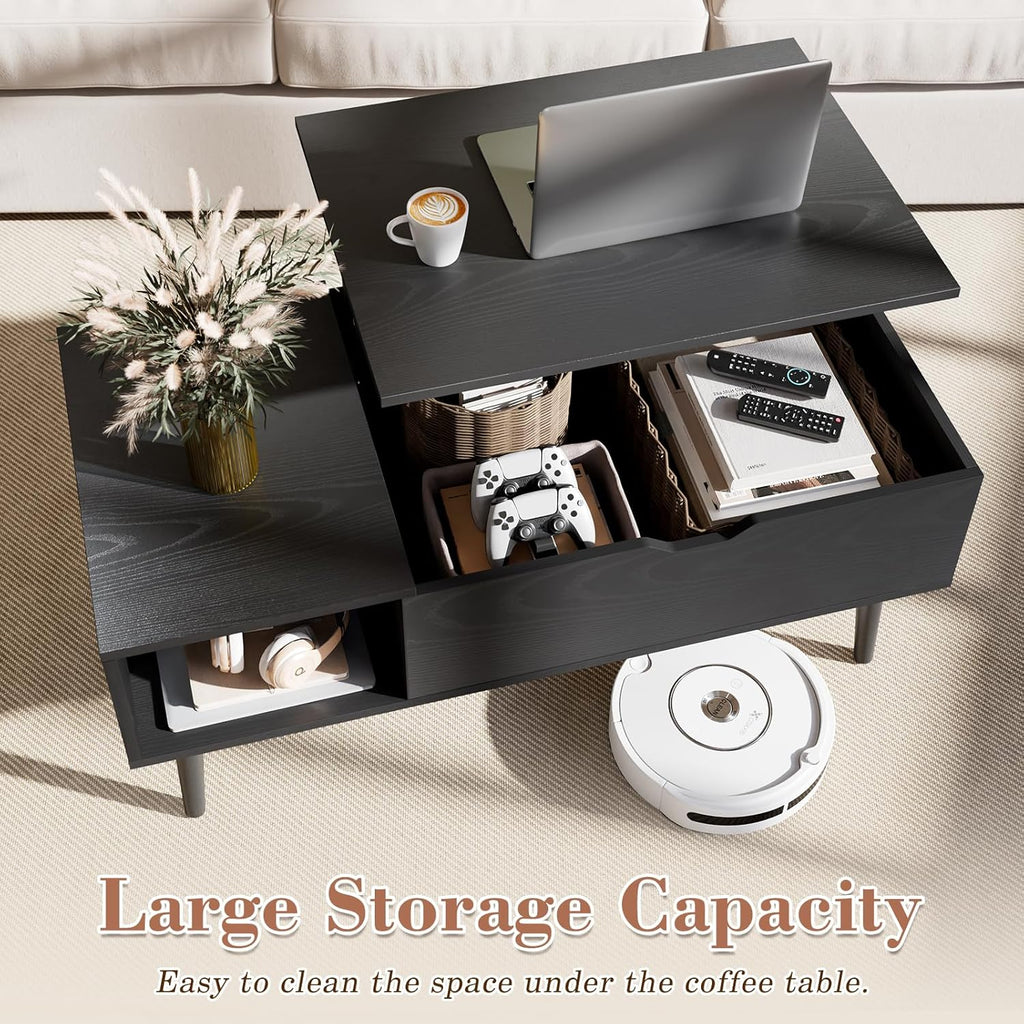Wood Lift Top Coffee Table with Hidden Compartment and Large Storage Shelf