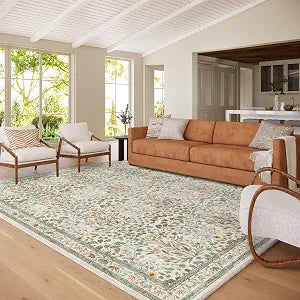 Washable Area Rug 8x10 - Vintage Floral Living Room Rug (Under Table), Bedroom - Stain Resistant, Soft Low Pile