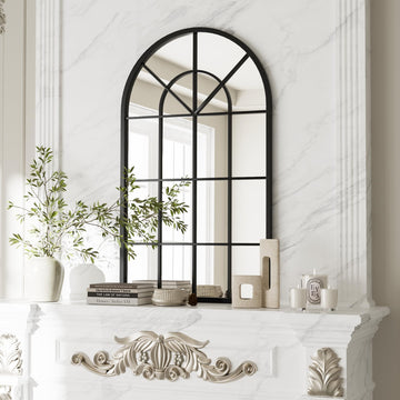 Arched Wall Mirror, 42"x24" Metal Frame Windowpane Mirror, Black