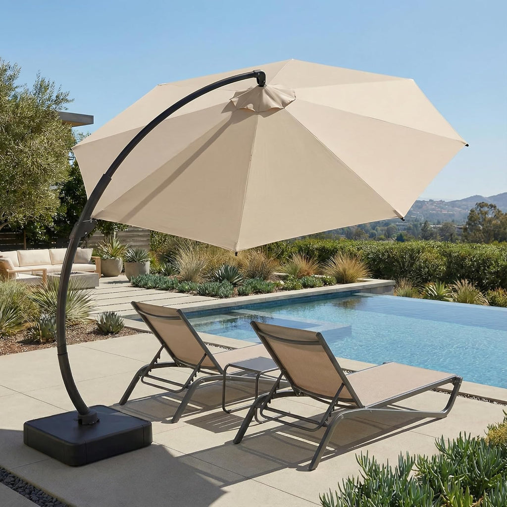 11ft Offset Cantilever Patio Umbrella with Base Included, Large Round Aluminum Outdoor Umbrella - Beige