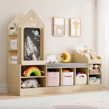 Kids Bookshelf with Reading Nook, Wooden Toy Storage Organizer with Chalkboard and Bench, Kids Reading Nook for