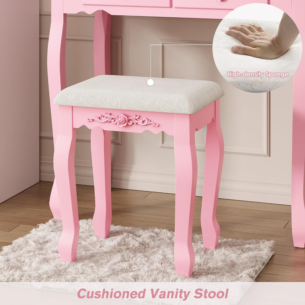 Vanity Desk Set with Mirror & Stool for Girls, Pink | Makeup Vanity Table and Cushioned Stool Set with 4 Drawers