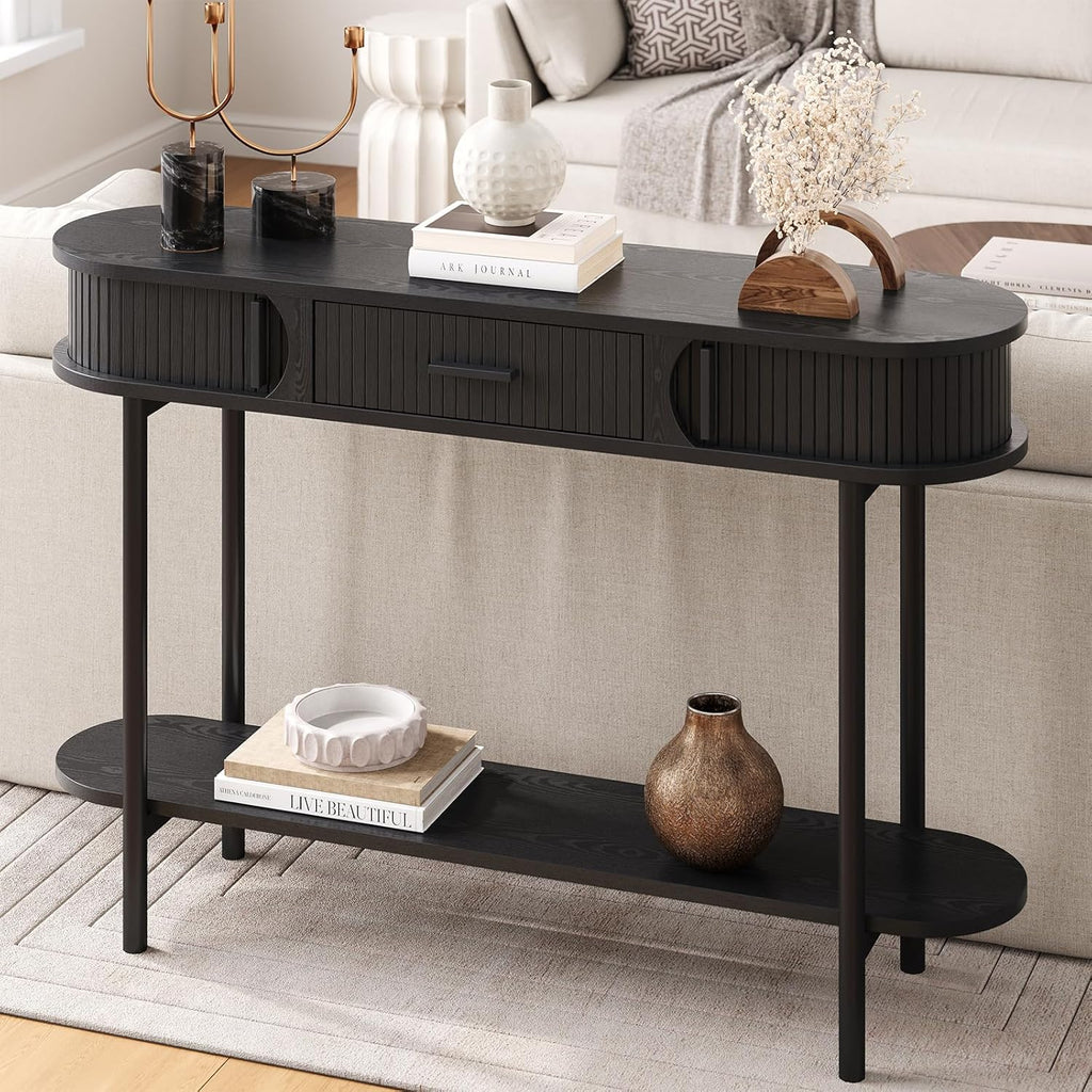 47 Inch Fluted Console Table with Drawers, Entryway Table with Storage, Oval Sofa Tables Behind Couch, Mid-Century