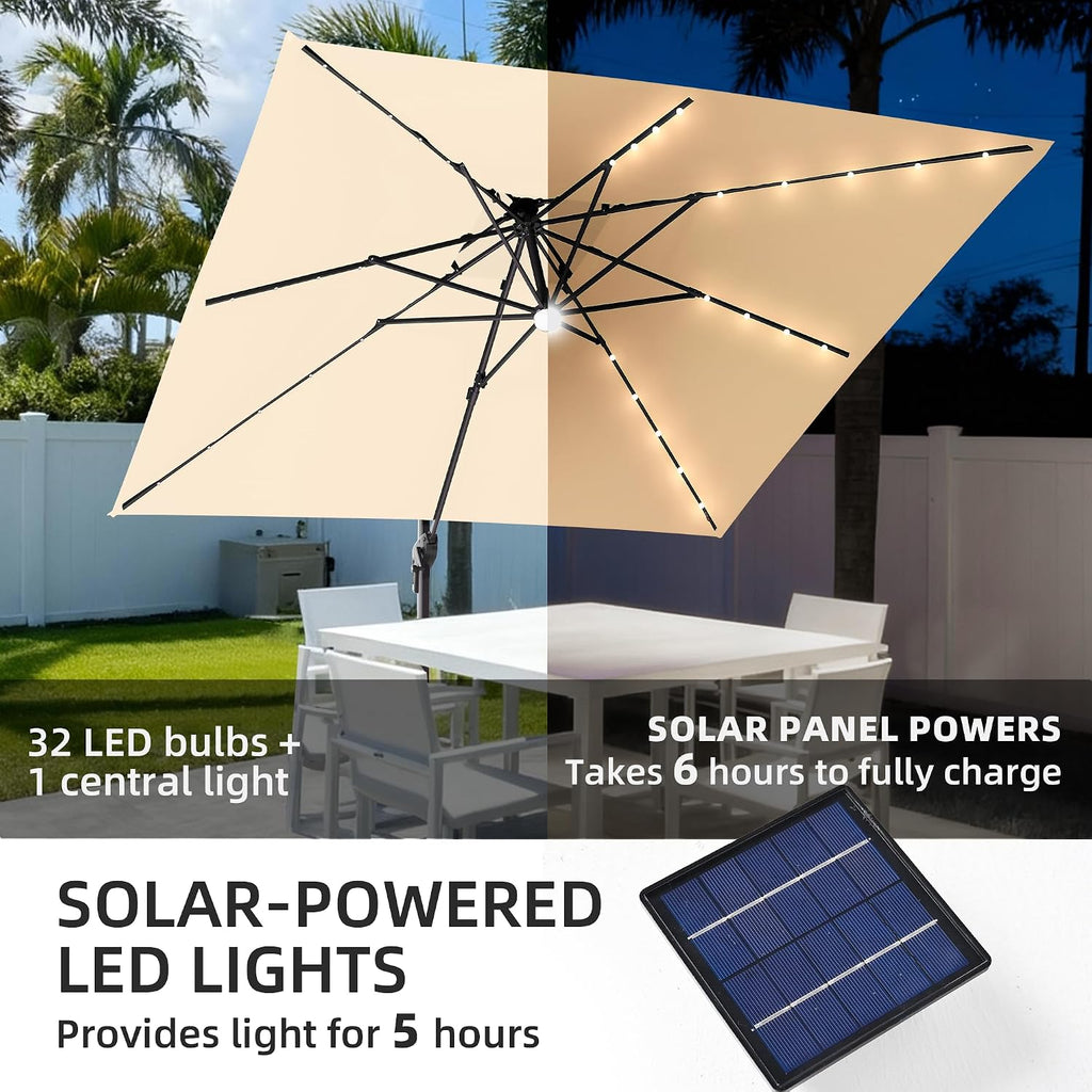 9x9 FT Cantilever Patio Umbrella with Base & Solar LED, Beige | 9x9 FT square shade, weighted base included