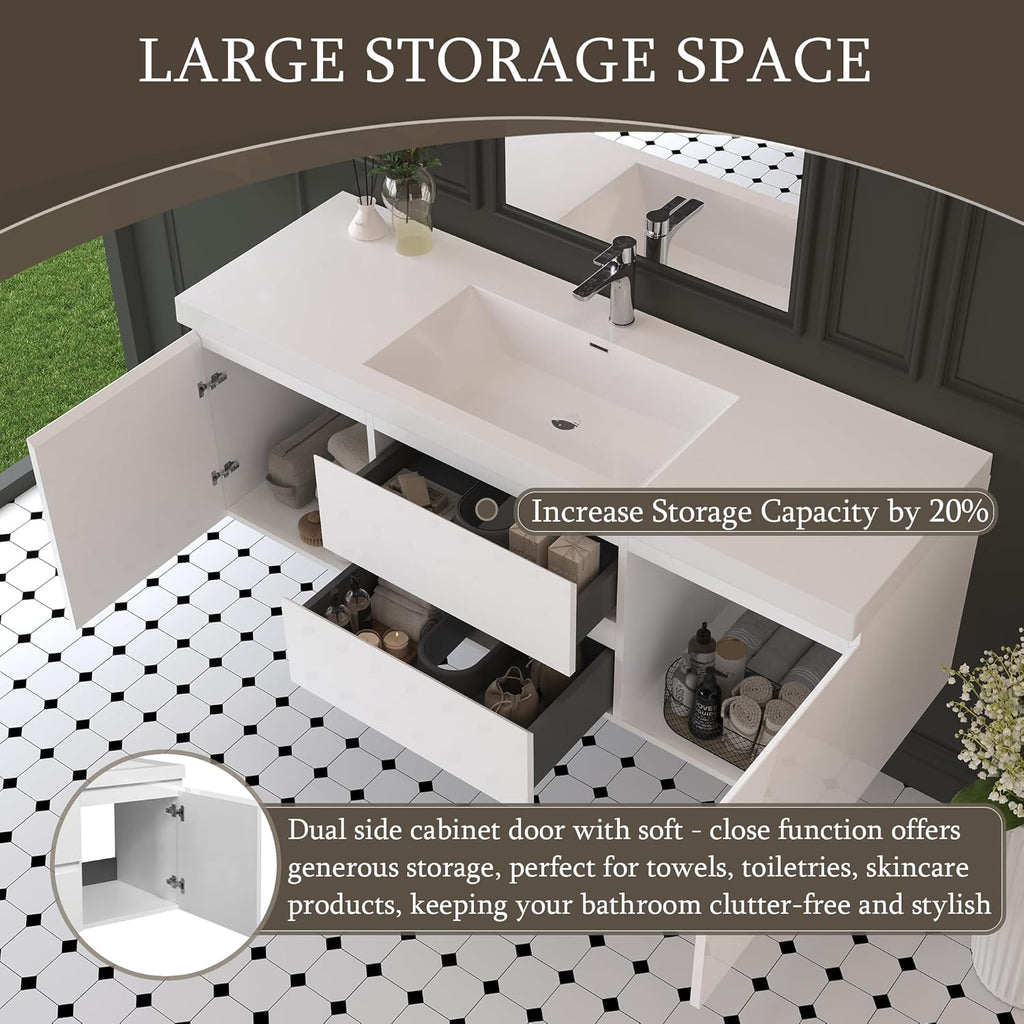60 Inch Floating Bathroom Vanity with Sink, Large Storage Wall Mounted Floating Vanity with Soft Close Drawers